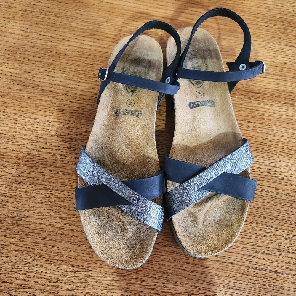 Plakton Women's Leather Sandal Gel Touch Footbed Black Silver Metallic Size 41
